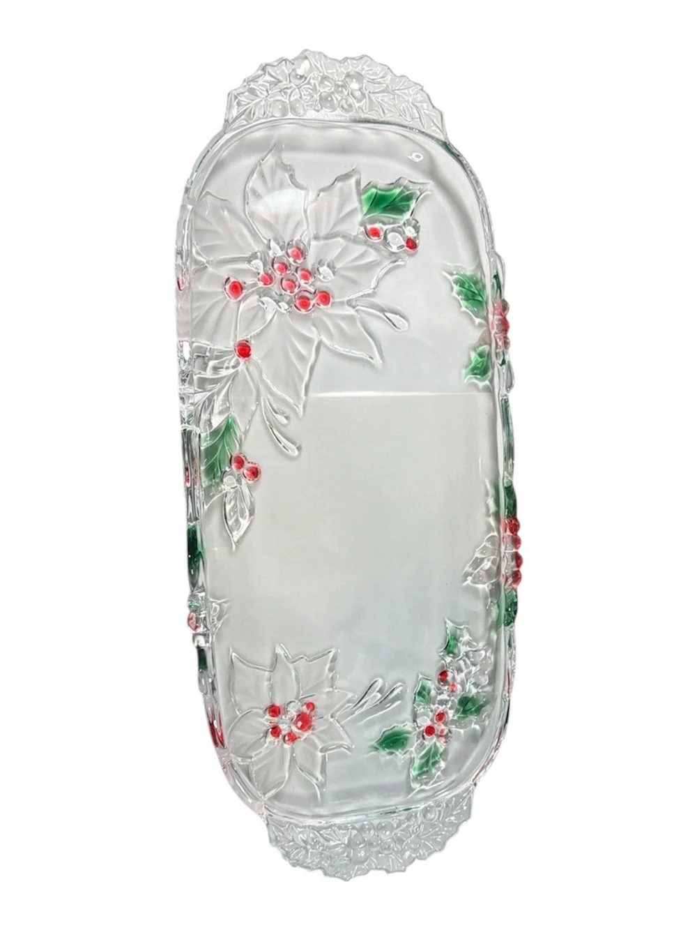 Clear Poinsettia Glass Serving Tray with Red and Green Accents - Picture 1 of 7